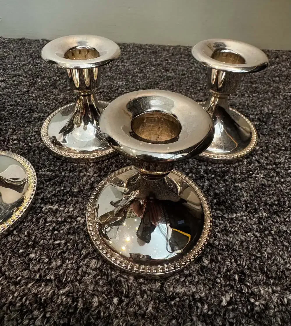 Set of 6 Vintage Silver-Plated Candlestick Holders with Beaded Trim